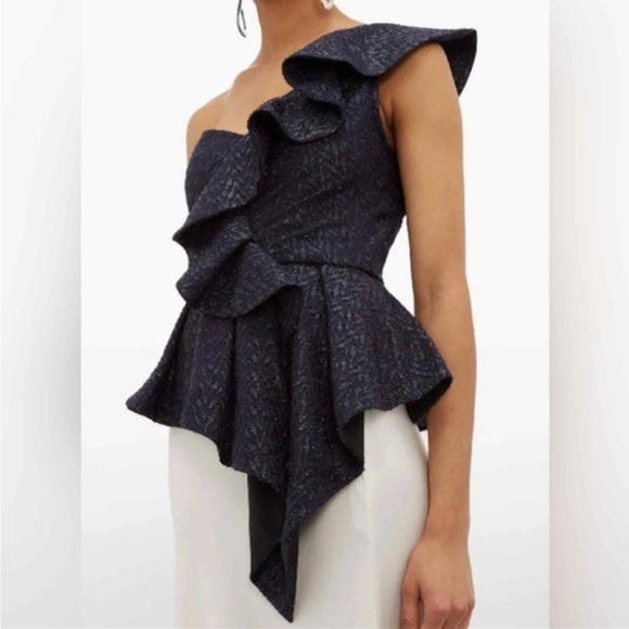 NEW Self-Portrait Dark Blue Ruffle Asymmetrical Metallic Fil Coupe Top - Picture 1 of 16
